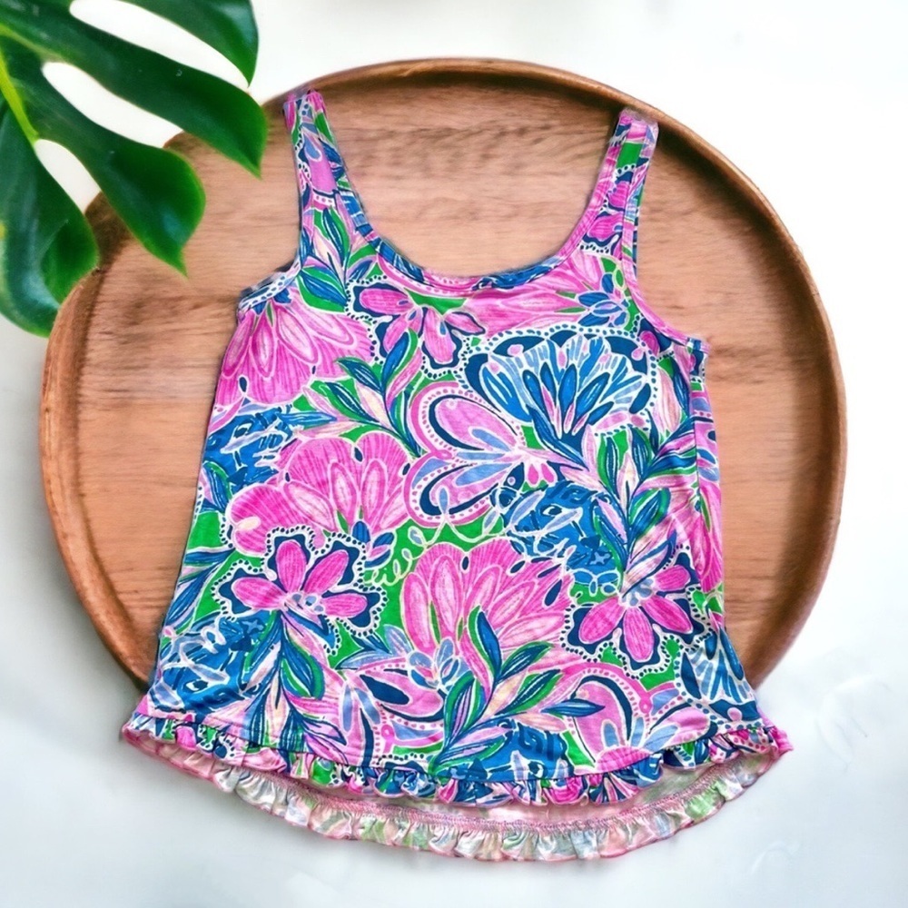 Lilly Pulitzer PJ Knit Ruffle Tank Top Gecko Green Tiger Sunrise XXS